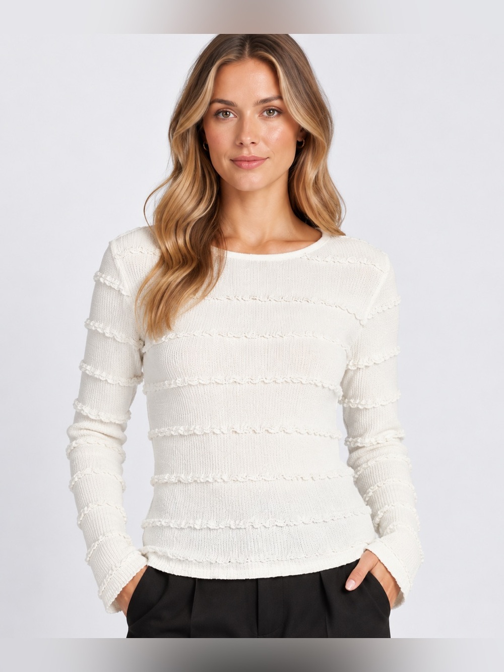 Sunday Edition White Ruffle Long Sleeve Top Medium M Lettuce Trim Knit Coquette